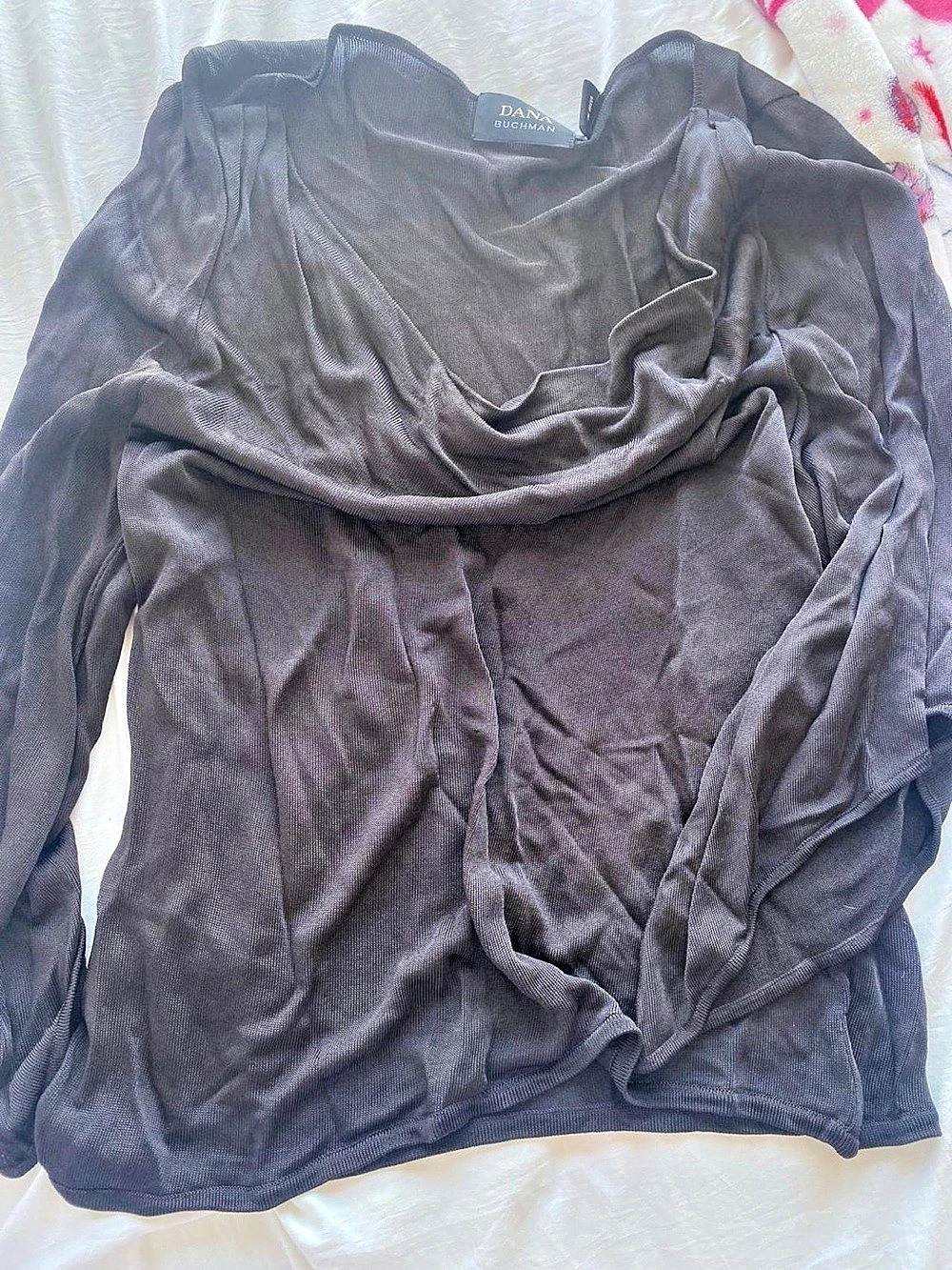 Dana Buchman Draped Neck Long Sleeve Blouse in Black Size Large